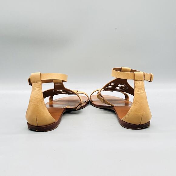 Tory Burch Black Leather Blossom Floral Embellished Flat  Tory Burch Sandals Womens 9 Beige Leather Gladiator Ankle Strap Logo Flat Shoes
